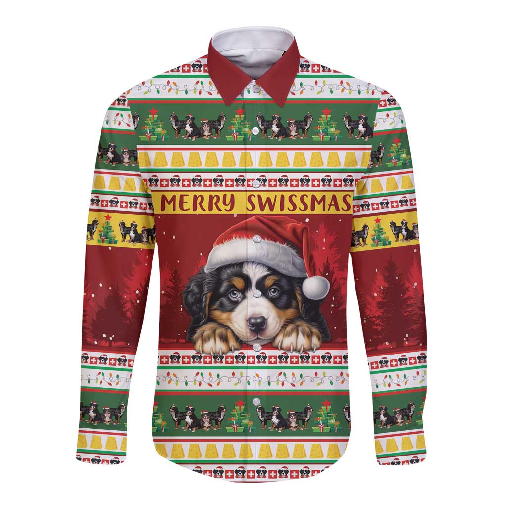 Merry Swissmas Bernese Mountain Dog Long Sleeve Button Shirt Switzerland Christmas Pattern - Wonder Print Shop
