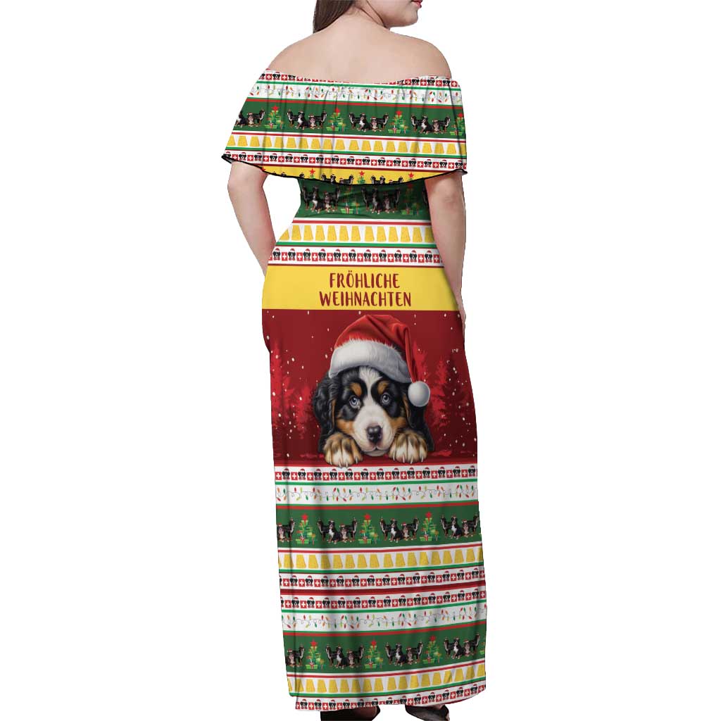 Merry Swissmas Bernese Mountain Dog Off Shoulder Maxi Dress Switzerland Christmas Pattern - Wonder Print Shop