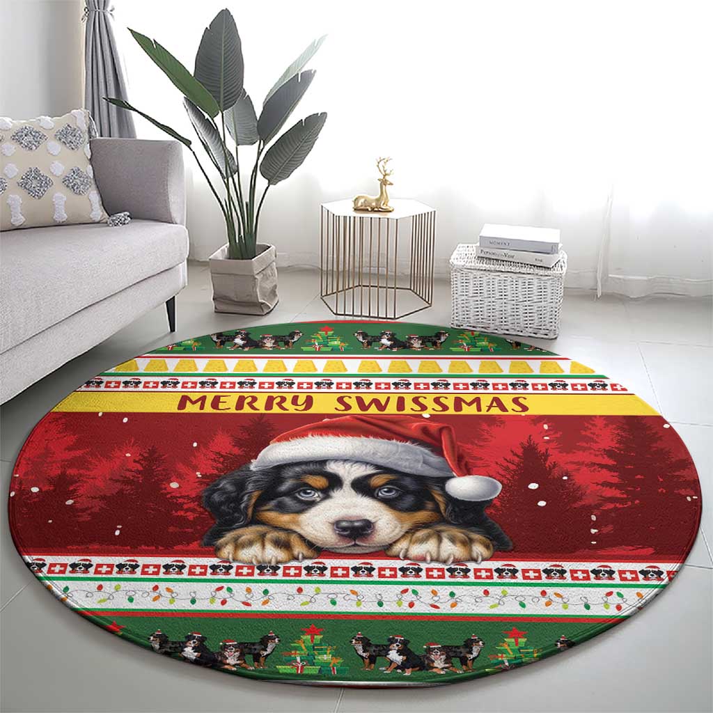 Merry Swissmas Bernese Mountain Dog Round Carpet Switzerland Christmas Pattern