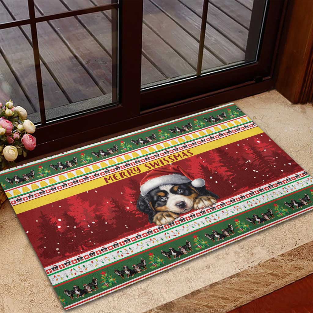 Merry Swissmas Bernese Mountain Dog Rubber Doormat Switzerland Christmas Pattern - Wonder Print Shop