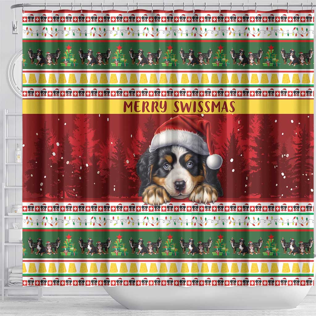 Merry Swissmas Bernese Mountain Dog Shower Curtain Switzerland Christmas Pattern