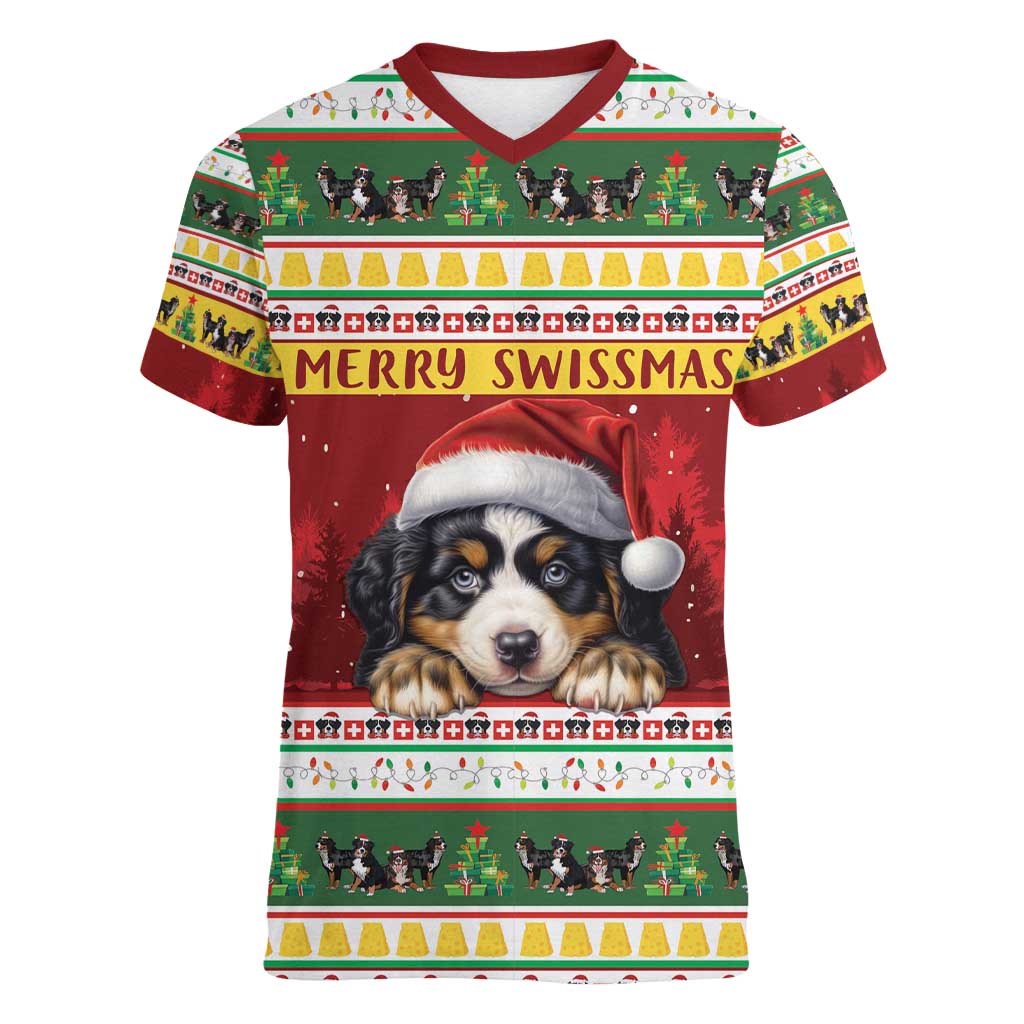 Merry Swissmas Bernese Mountain Dog Women V-Neck T-Shirt Switzerland Christmas Pattern - Wonder Print Shop