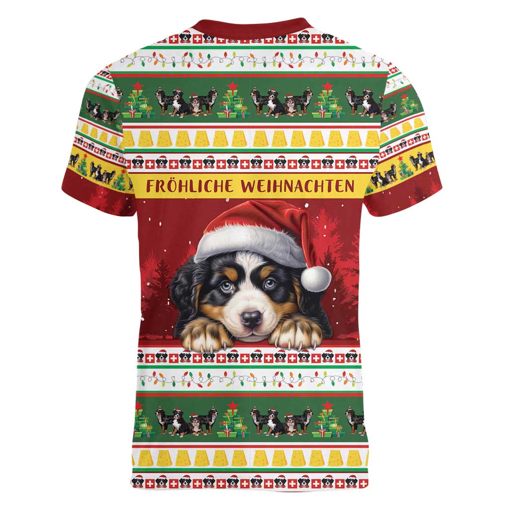 Merry Swissmas Bernese Mountain Dog Women V-Neck T-Shirt Switzerland Christmas Pattern - Wonder Print Shop