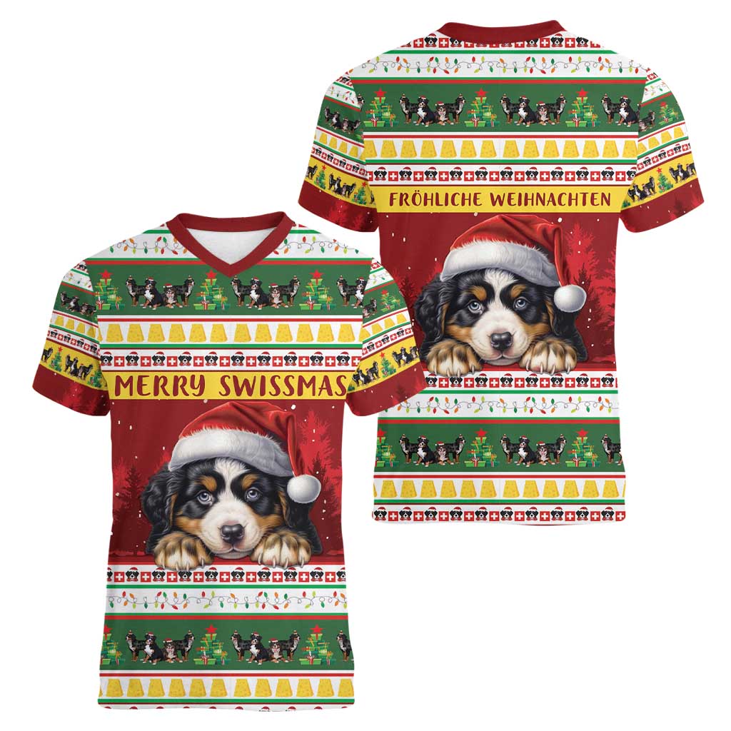 Merry Swissmas Bernese Mountain Dog Women V-Neck T-Shirt Switzerland Christmas Pattern - Wonder Print Shop