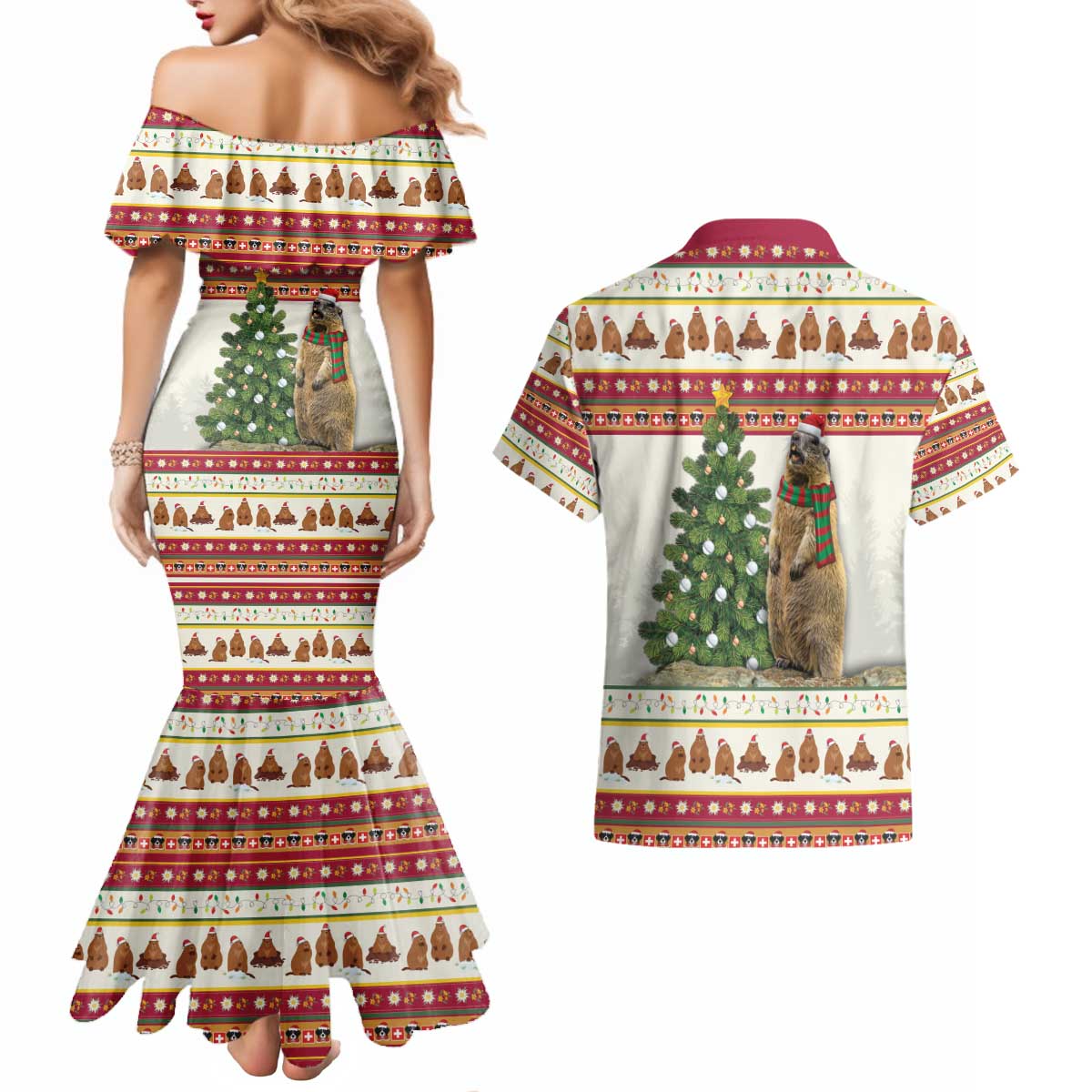 Merry Swissmas Marmot Santa Couples Matching Mermaid Dress and Hawaiian Shirt Switzerland Christmas Pattern LT9 - Wonder Print Shop