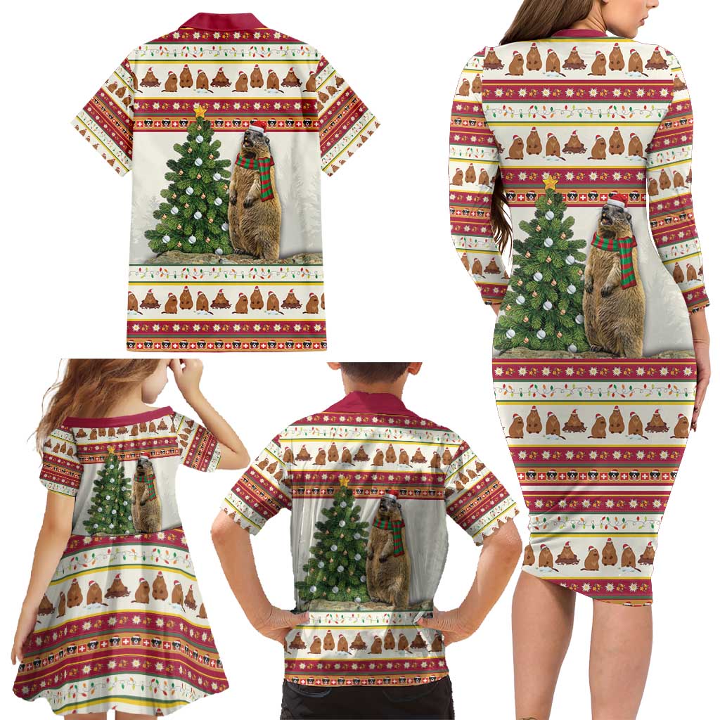 Merry Swissmas Marmot Santa Family Matching Long Sleeve Bodycon Dress and Hawaiian Shirt Switzerland Christmas Pattern LT9 - Wonder Print Shop