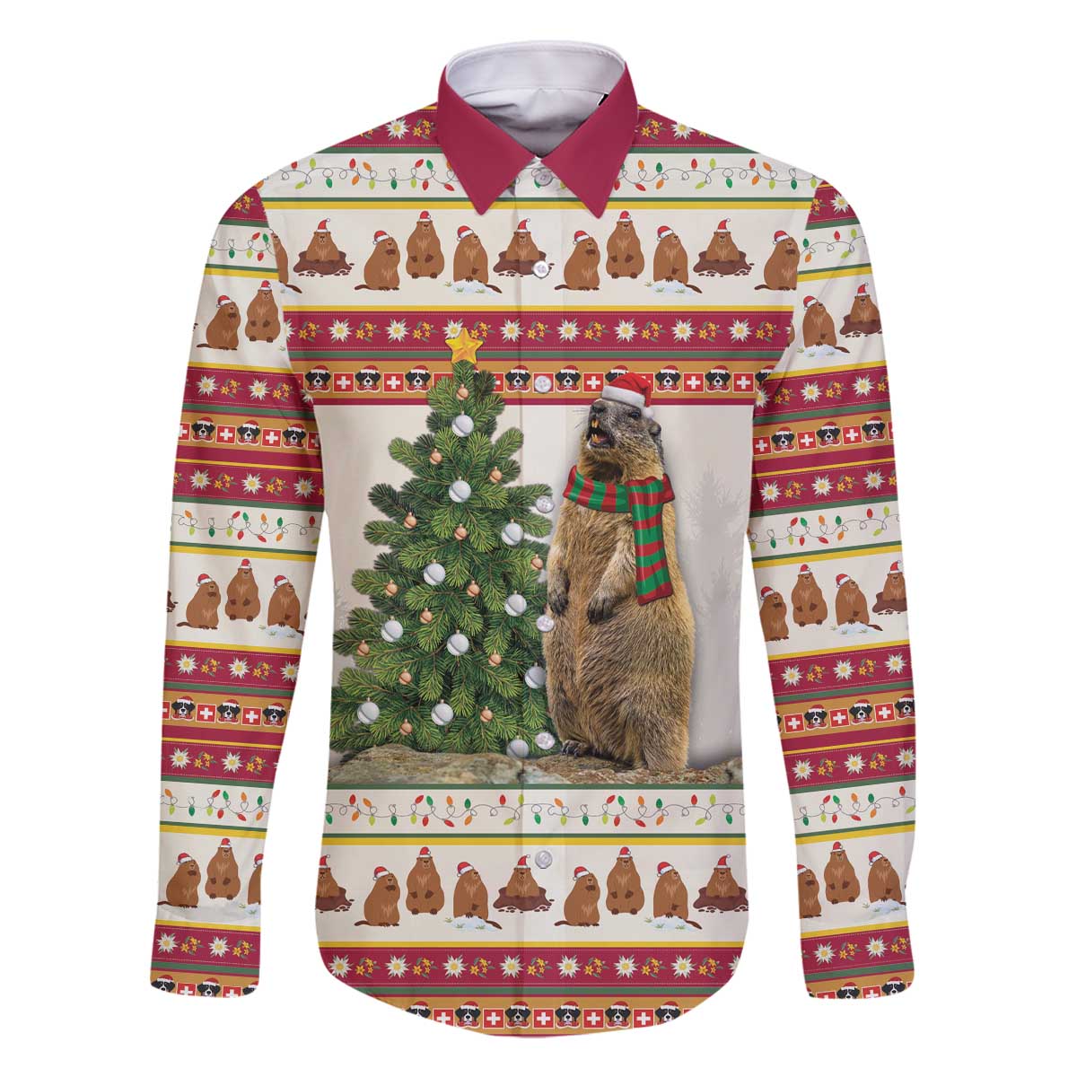 Merry Swissmas Marmot Santa Family Matching Off The Shoulder Long Sleeve Dress and Hawaiian Shirt Switzerland Christmas Pattern - Wonder Print Shop
