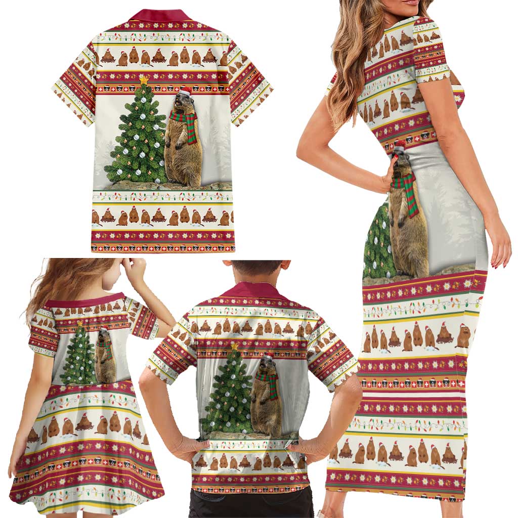 Merry Swissmas Marmot Santa Family Matching Short Sleeve Bodycon Dress and Hawaiian Shirt Switzerland Christmas Pattern - Wonder Print Shop