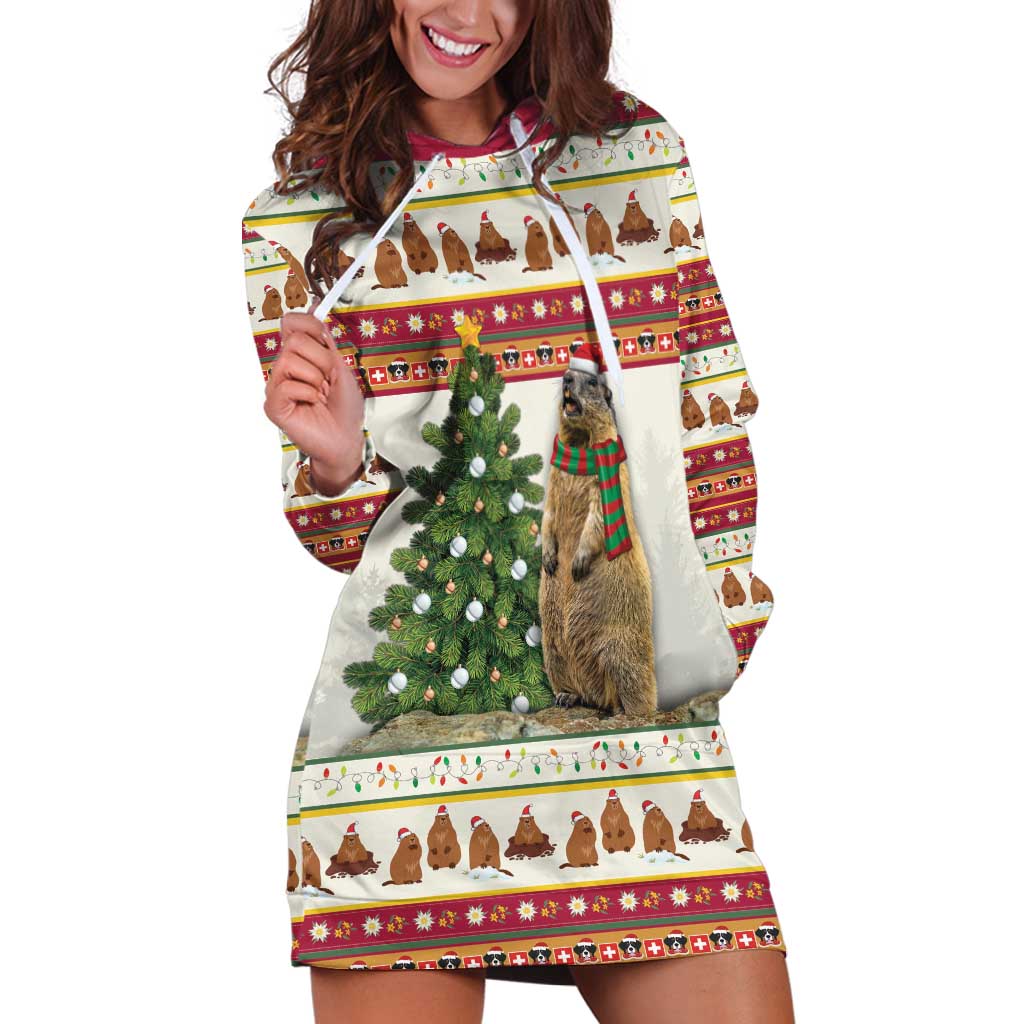 Merry Swissmas Marmot Santa Hoodie Dress Switzerland Christmas Pattern - Wonder Print Shop