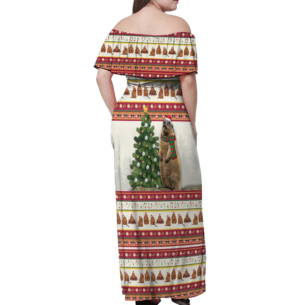 Merry Swissmas Marmot Santa Off Shoulder Maxi Dress Switzerland Christmas Pattern - Wonder Print Shop