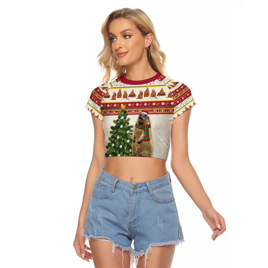 Merry Swissmas Marmot Santa Raglan Cropped T Shirt Switzerland Christmas Pattern - Wonder Print Shop