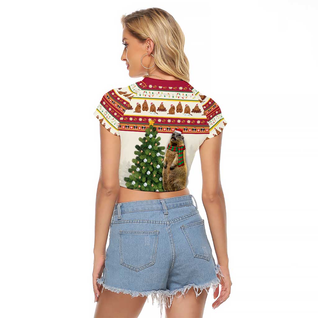 Merry Swissmas Marmot Santa Raglan Cropped T Shirt Switzerland Christmas Pattern - Wonder Print Shop