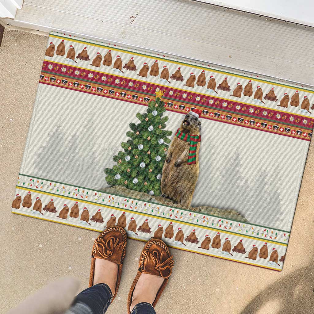 Merry Swissmas Marmot Santa Rubber Doormat Switzerland Christmas Pattern - Wonder Print Shop