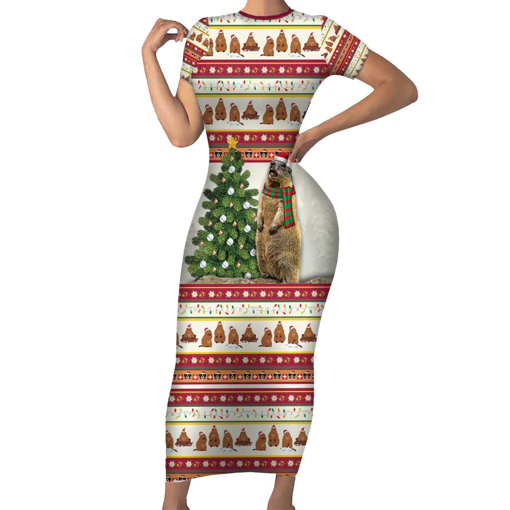 Merry Swissmas Marmot Santa Short Sleeve Bodycon Dress Switzerland Christmas Pattern - Wonder Print Shop