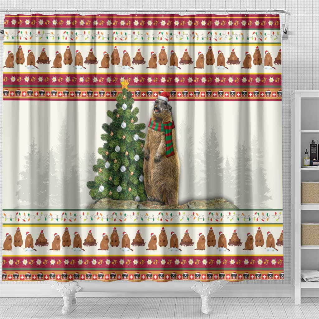Merry Swissmas Marmot Santa Shower Curtain Switzerland Christmas Pattern