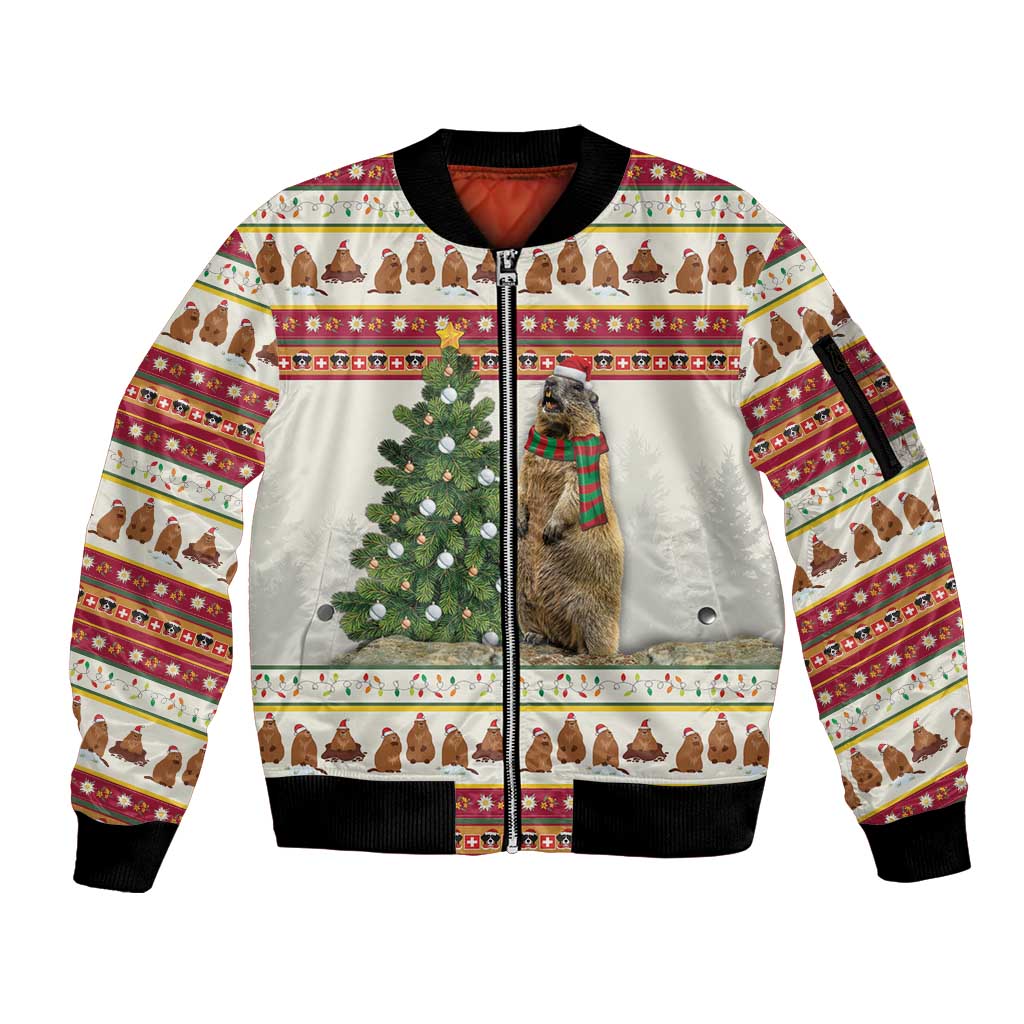 Merry Swissmas Marmot Santa Sleeve Zip Bomber Jacket Switzerland Christmas Pattern - Wonder Print Shop