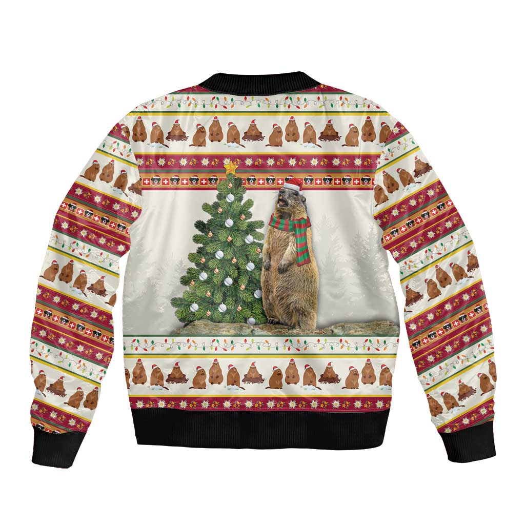 Merry Swissmas Marmot Santa Sleeve Zip Bomber Jacket Switzerland Christmas Pattern - Wonder Print Shop