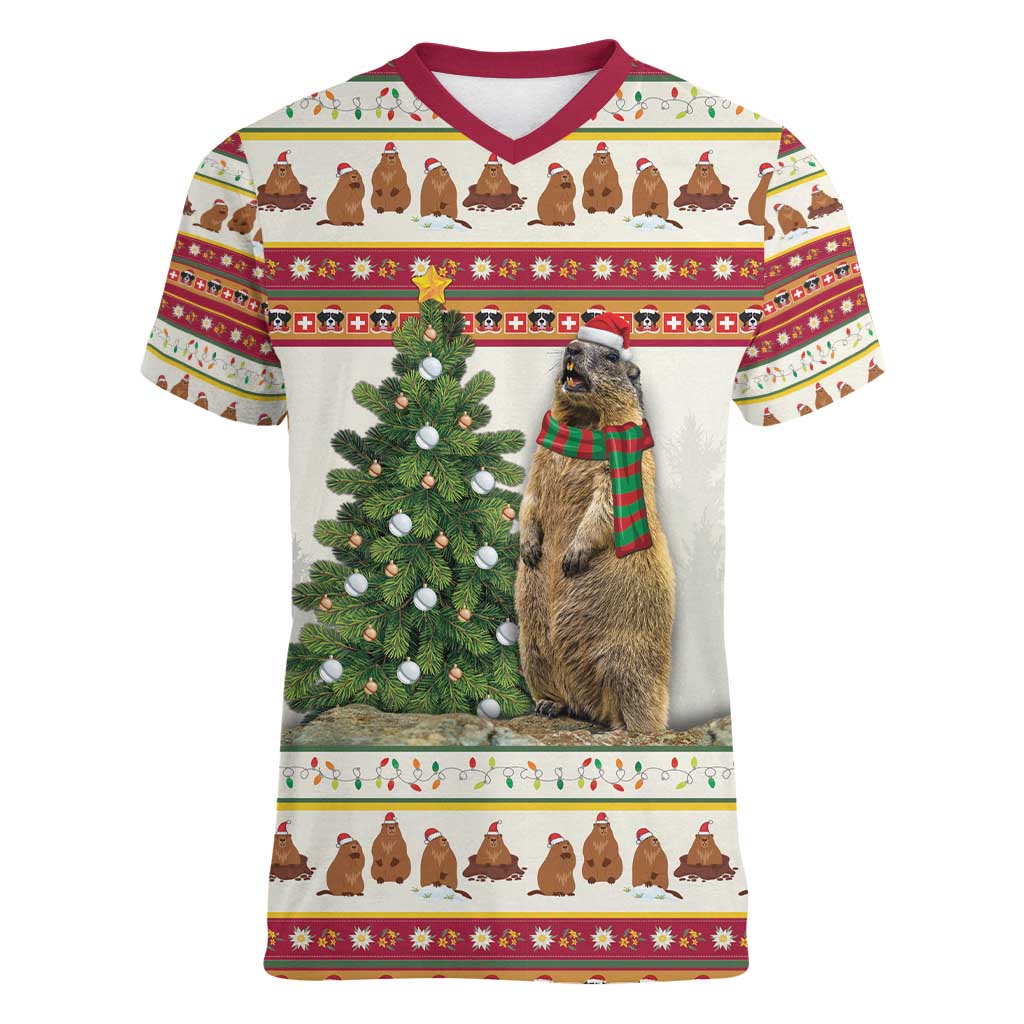 Merry Swissmas Marmot Santa Women V-Neck T-Shirt Switzerland Christmas Pattern - Wonder Print Shop