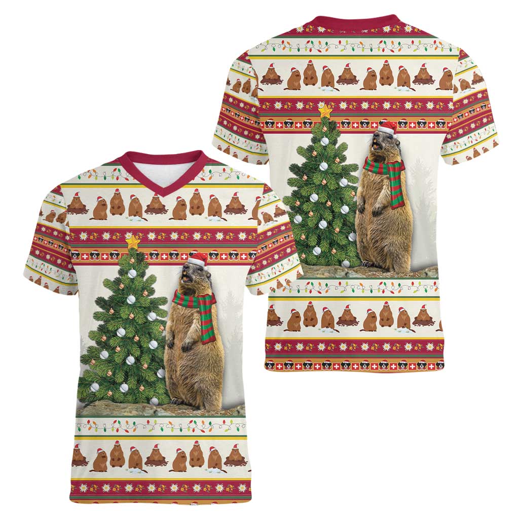 Merry Swissmas Marmot Santa Women V-Neck T-Shirt Switzerland Christmas Pattern - Wonder Print Shop