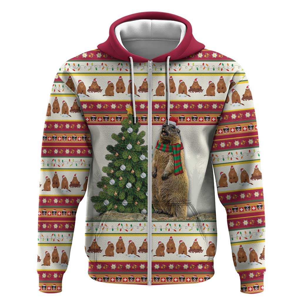 Merry Swissmas Marmot Santa Zip Hoodie Switzerland Christmas Pattern - Wonder Print Shop