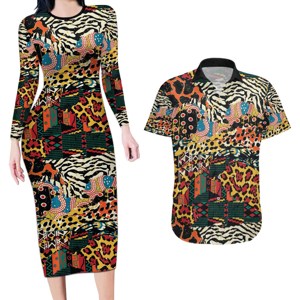 African Mixed Wild Animal Skins Couples Matching Long Sleeve Bodycon Dress and Hawaiian Shirt LT9 - Wonder Print Shop