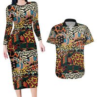 African Mixed Wild Animal Skins Couples Matching Long Sleeve Bodycon Dress and Hawaiian Shirt LT9 - Wonder Print Shop