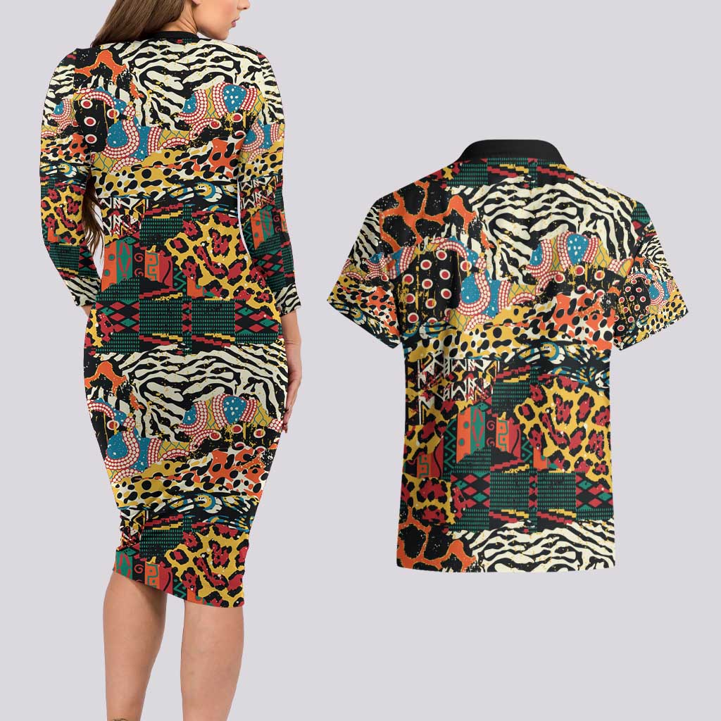African Mixed Wild Animal Skins Couples Matching Long Sleeve Bodycon Dress and Hawaiian Shirt LT9 - Wonder Print Shop