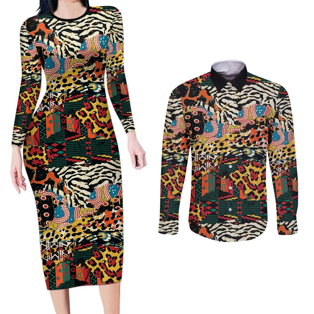 African Mixed Wild Animal Skins Couples Matching Long Sleeve Bodycon Dress and Long Sleeve Button Shirt LT9 - Wonder Print Shop