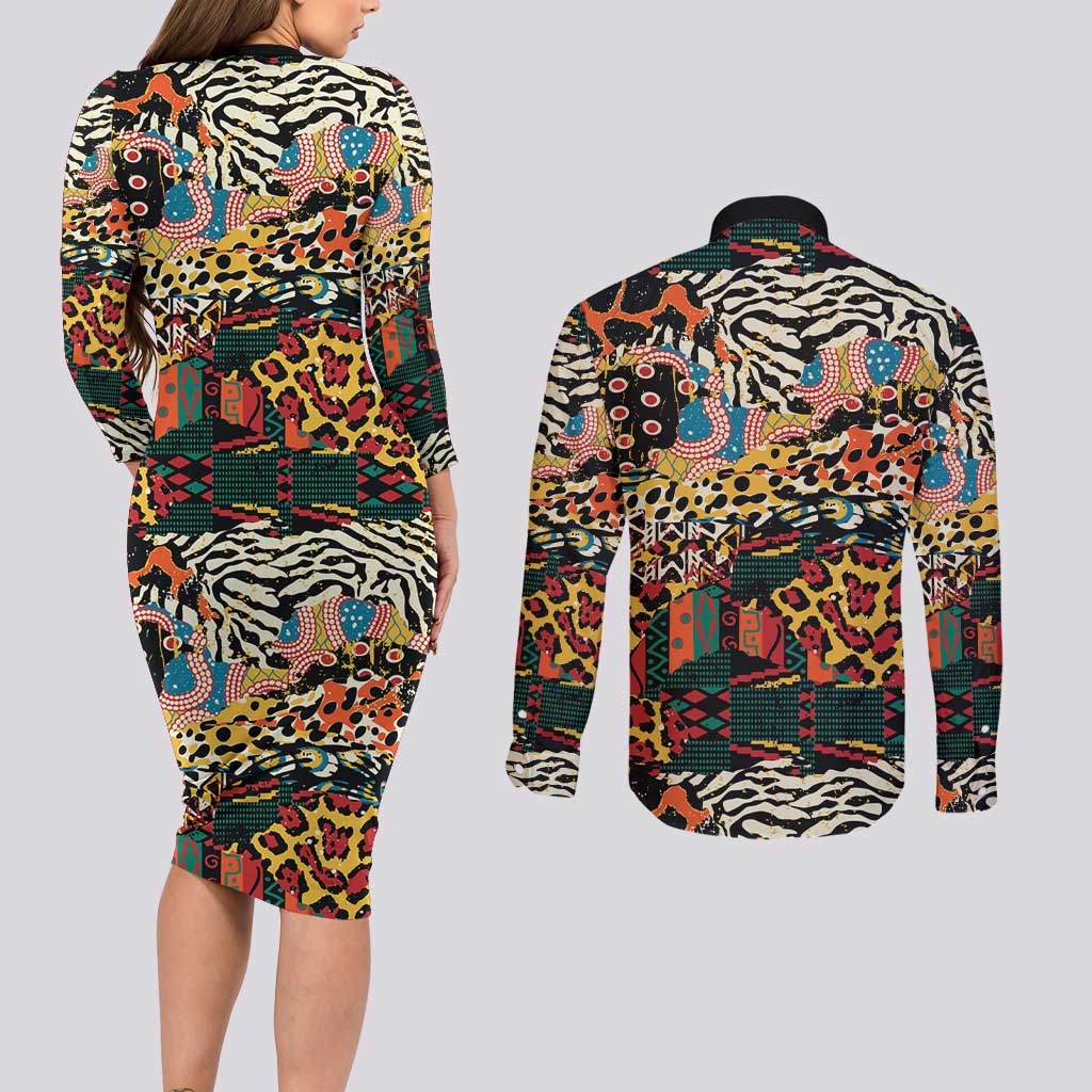 African Mixed Wild Animal Skins Couples Matching Long Sleeve Bodycon Dress and Long Sleeve Button Shirt LT9 - Wonder Print Shop