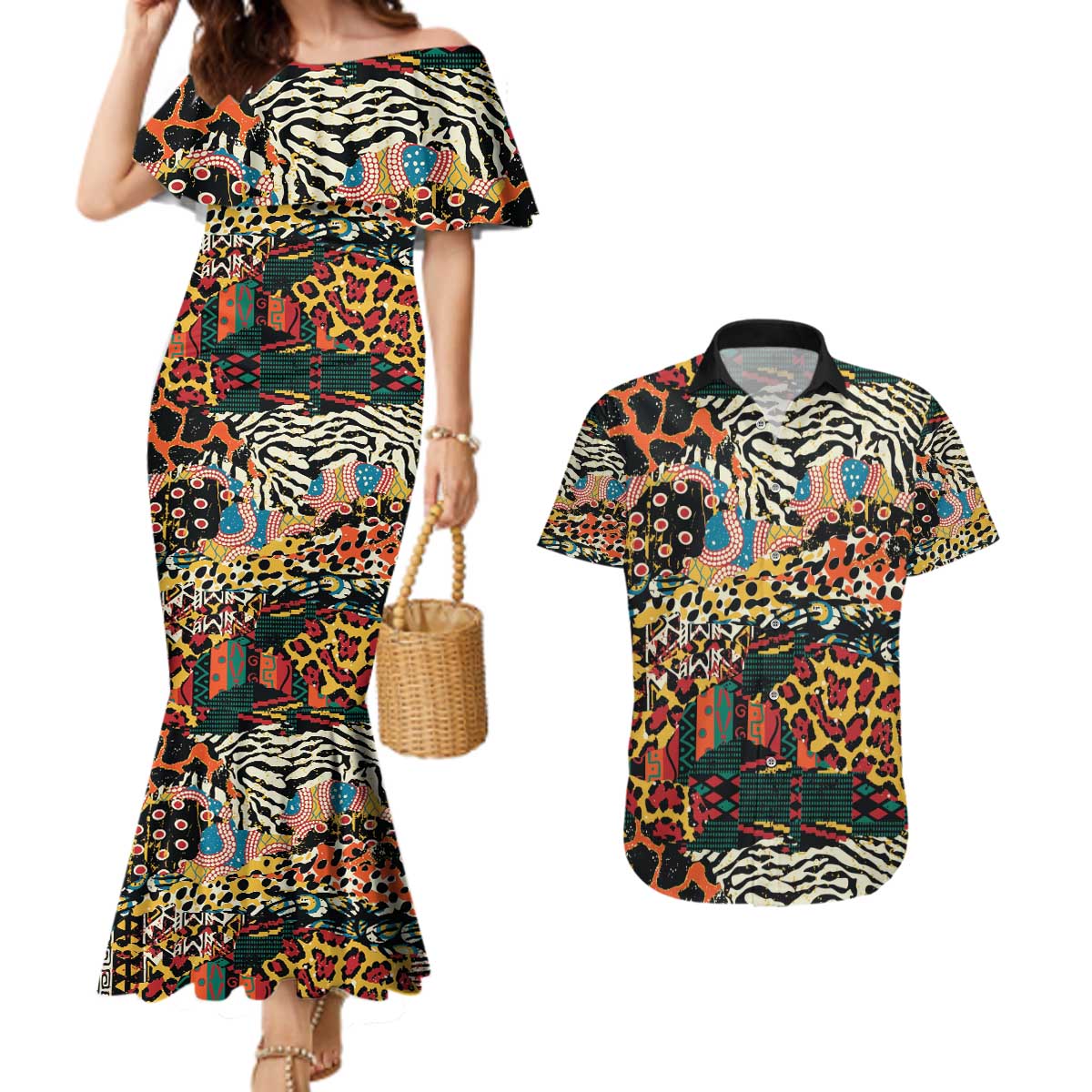 African Mixed Wild Animal Skins Couples Matching Mermaid Dress and Hawaiian Shirt LT9 - Wonder Print Shop