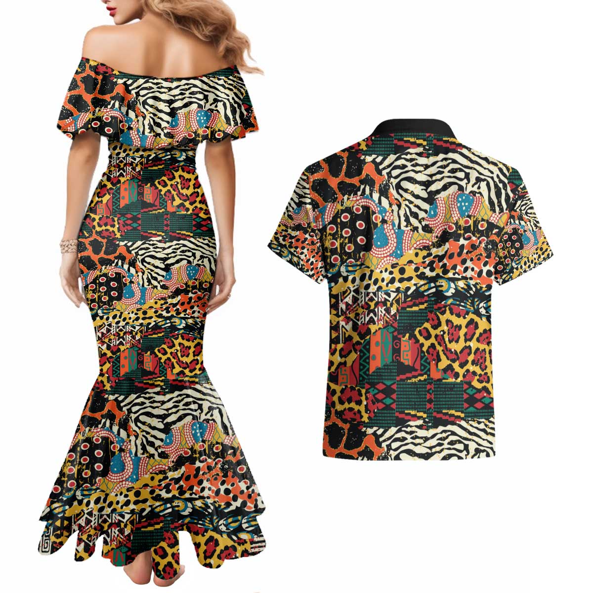 African Mixed Wild Animal Skins Couples Matching Mermaid Dress and Hawaiian Shirt LT9 - Wonder Print Shop