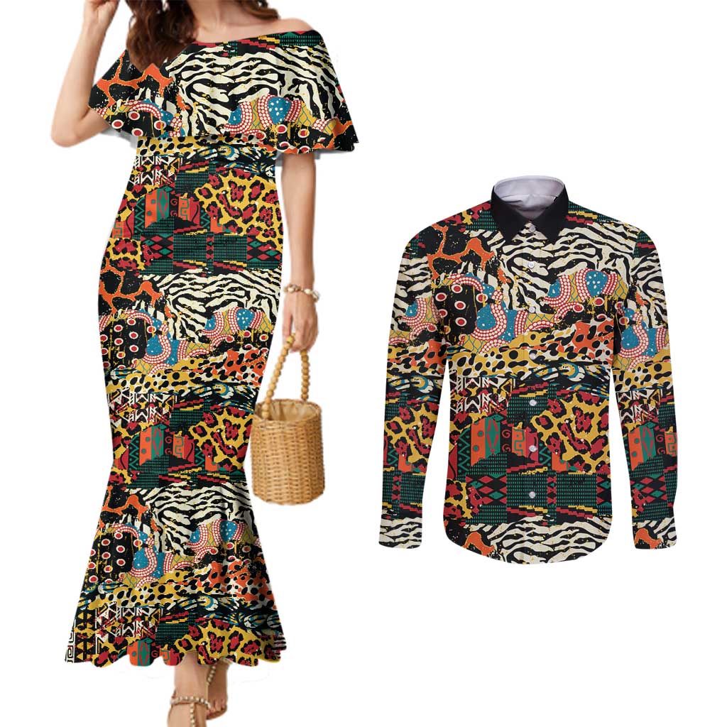 African Mixed Wild Animal Skins Couples Matching Mermaid Dress and Long Sleeve Button Shirt