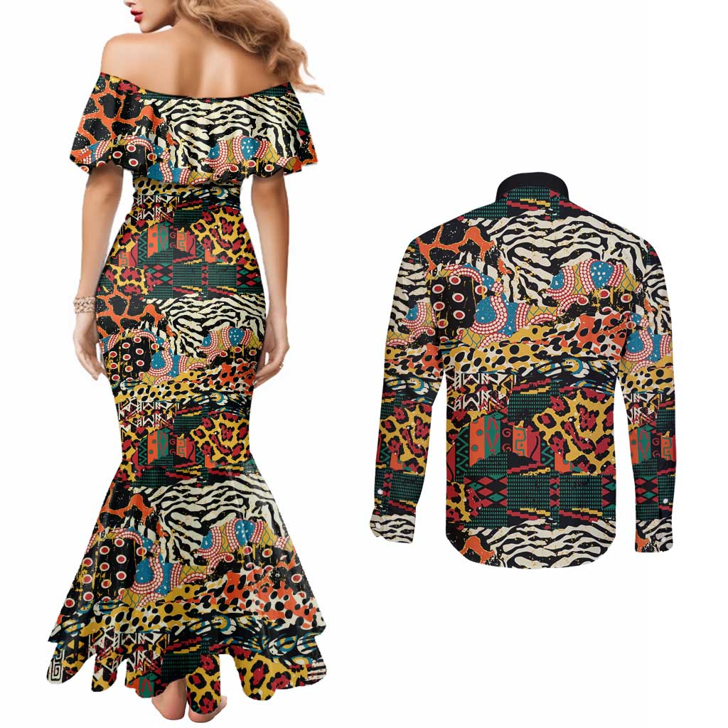 African Mixed Wild Animal Skins Couples Matching Mermaid Dress and Long Sleeve Button Shirt