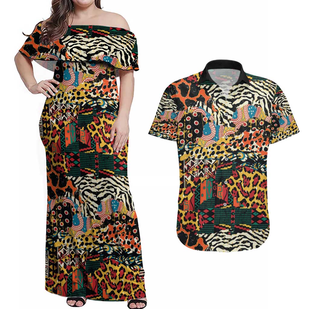 African Mixed Wild Animal Skins Couples Matching Off Shoulder Maxi Dress and Hawaiian Shirt LT9 - Wonder Print Shop