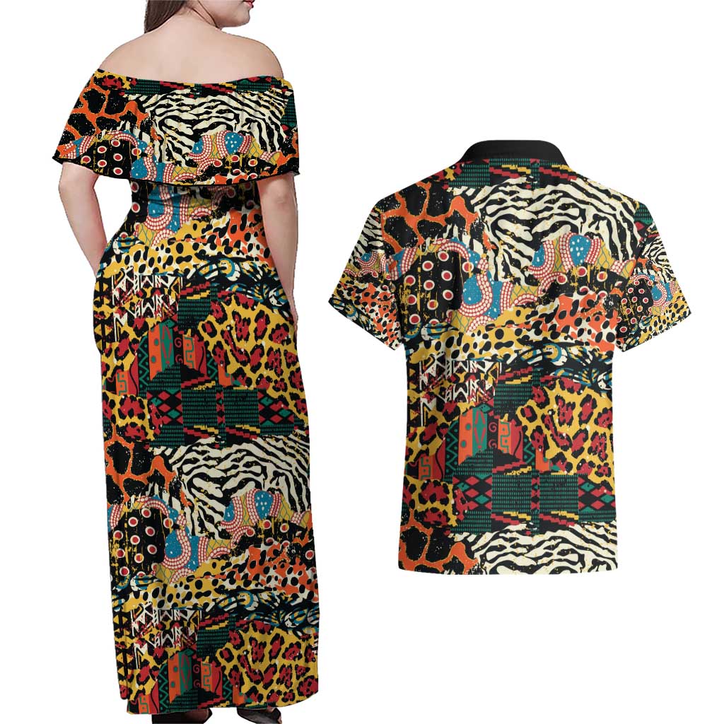 African Mixed Wild Animal Skins Couples Matching Off Shoulder Maxi Dress and Hawaiian Shirt LT9 - Wonder Print Shop