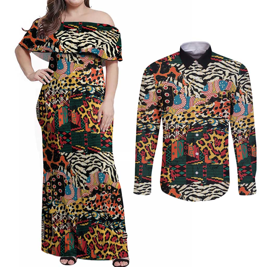 African Mixed Wild Animal Skins Couples Matching Off Shoulder Maxi Dress and Long Sleeve Button Shirt LT9 - Wonder Print Shop