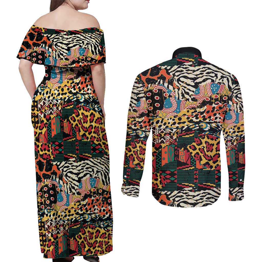 African Mixed Wild Animal Skins Couples Matching Off Shoulder Maxi Dress and Long Sleeve Button Shirt LT9 - Wonder Print Shop
