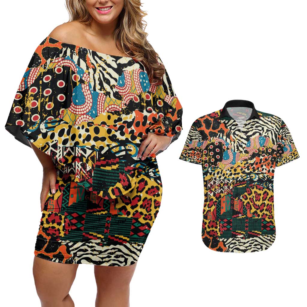 African Mixed Wild Animal Skins Couples Matching Off Shoulder Short Dress and Hawaiian Shirt LT9 - Wonder Print Shop