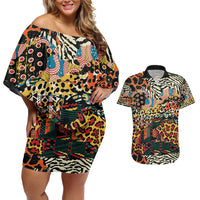 African Mixed Wild Animal Skins Couples Matching Off Shoulder Short Dress and Hawaiian Shirt LT9 - Wonder Print Shop