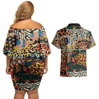 African Mixed Wild Animal Skins Couples Matching Off Shoulder Short Dress and Hawaiian Shirt LT9 - Wonder Print Shop