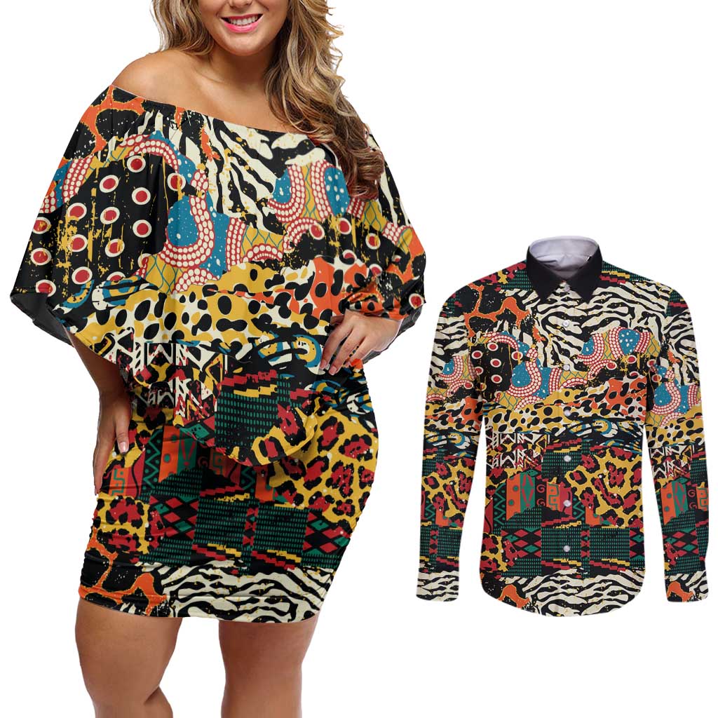 African Mixed Wild Animal Skins Couples Matching Off Shoulder Short Dress and Long Sleeve Button Shirt LT9 - Wonder Print Shop