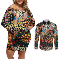 African Mixed Wild Animal Skins Couples Matching Off Shoulder Short Dress and Long Sleeve Button Shirt LT9 - Wonder Print Shop