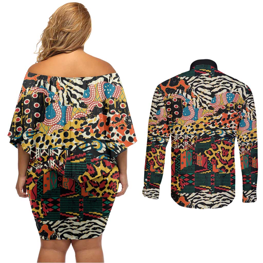 African Mixed Wild Animal Skins Couples Matching Off Shoulder Short Dress and Long Sleeve Button Shirt LT9 - Wonder Print Shop