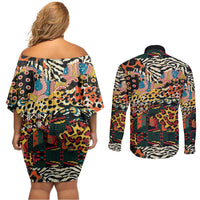 African Mixed Wild Animal Skins Couples Matching Off Shoulder Short Dress and Long Sleeve Button Shirt LT9 - Wonder Print Shop