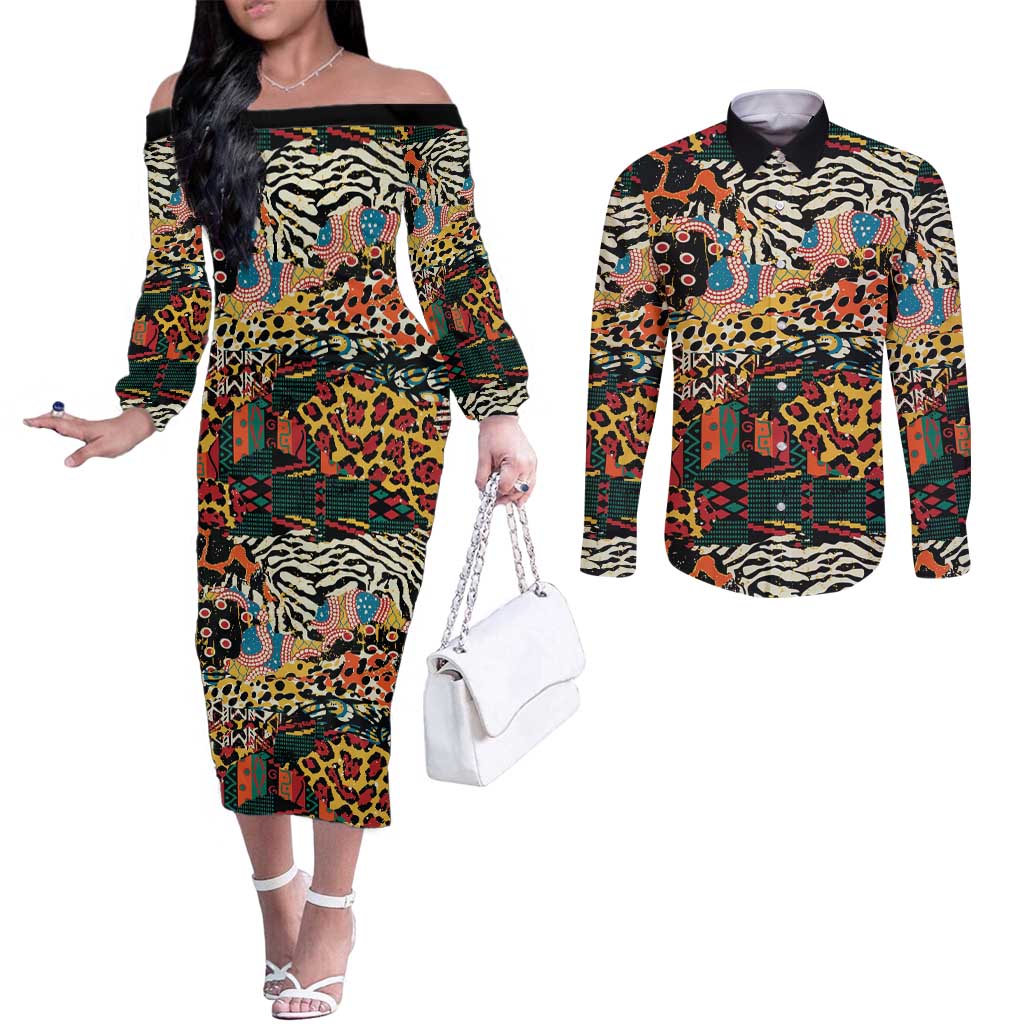 African Mixed Wild Animal Skins Couples Matching Off The Shoulder Long Sleeve Dress and Long Sleeve Button Shirt