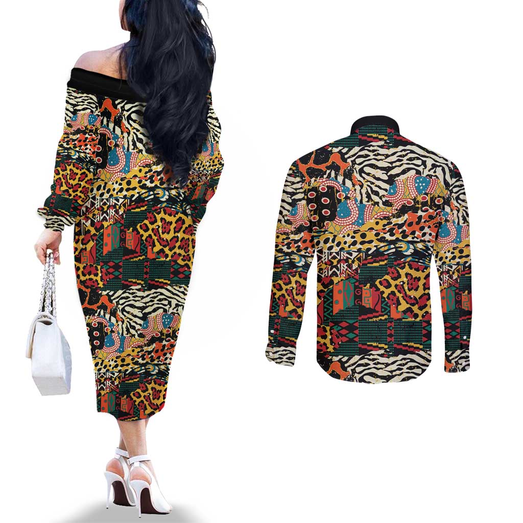 African Mixed Wild Animal Skins Couples Matching Off The Shoulder Long Sleeve Dress and Long Sleeve Button Shirt
