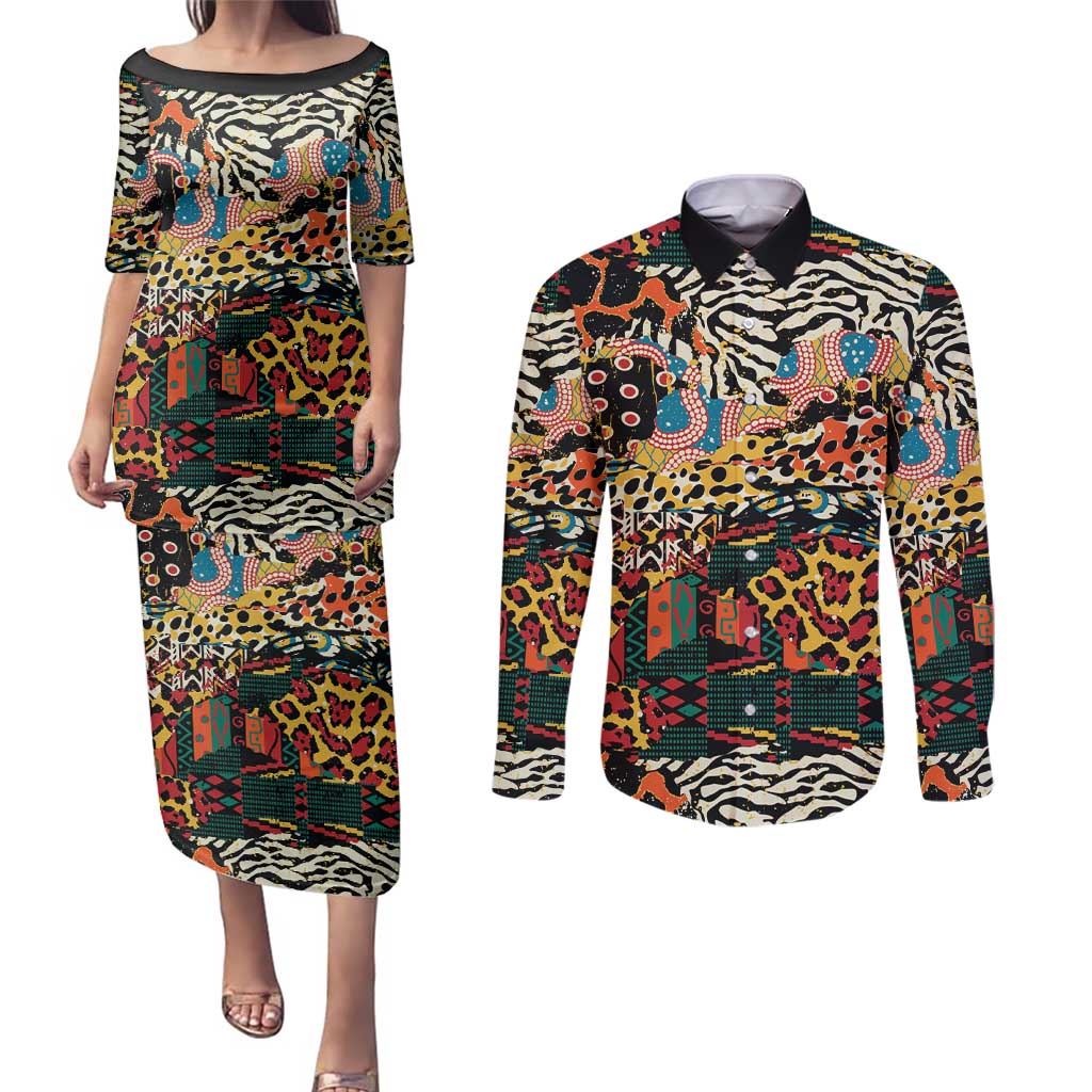 African Mixed Wild Animal Skins Couples Matching Puletasi and Long Sleeve Button Shirt LT9 - Wonder Print Shop