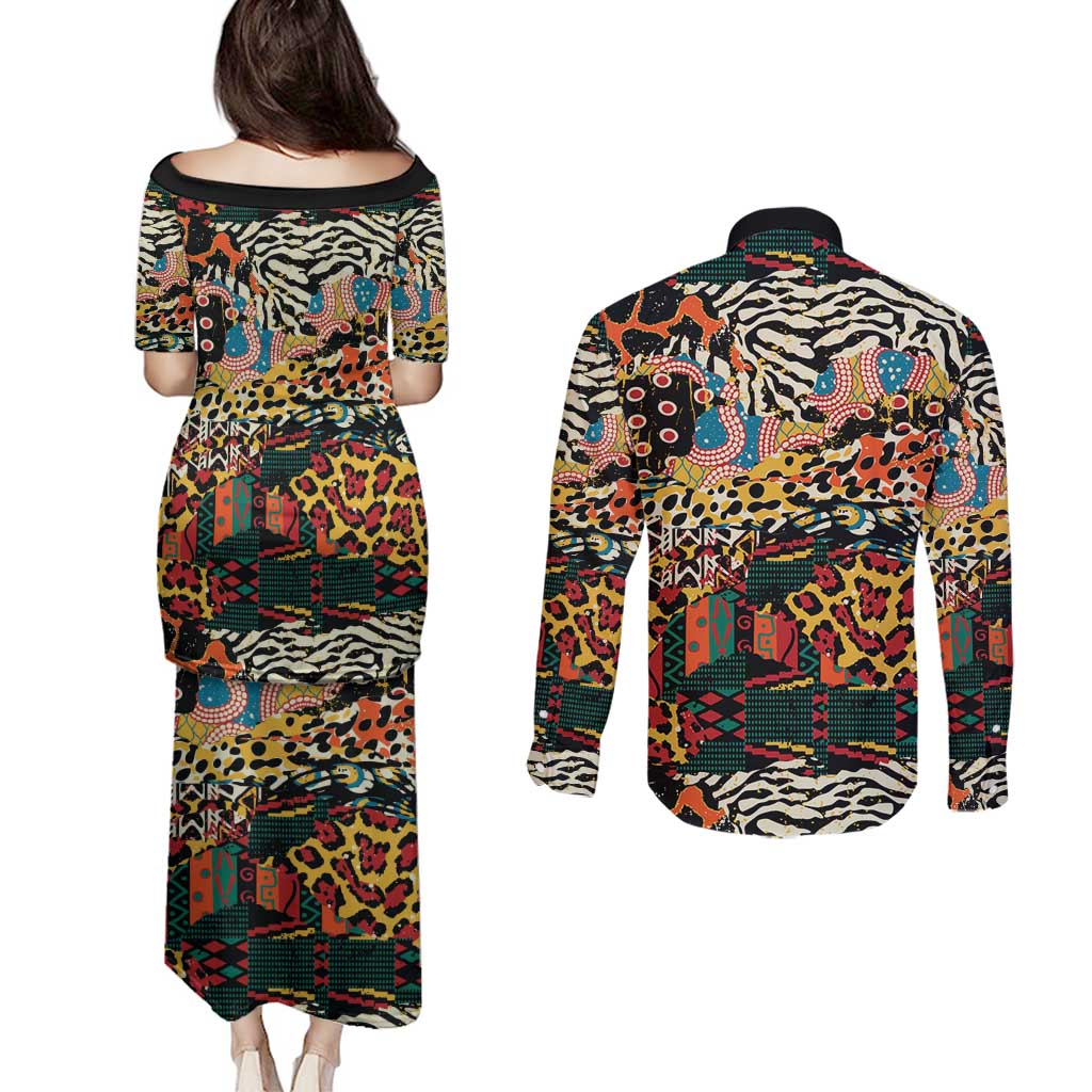 African Mixed Wild Animal Skins Couples Matching Puletasi and Long Sleeve Button Shirt LT9 - Wonder Print Shop