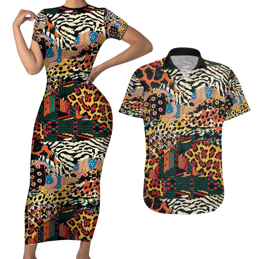 African Mixed Wild Animal Skins Couples Matching Short Sleeve Bodycon Dress and Hawaiian Shirt LT9 - Wonder Print Shop