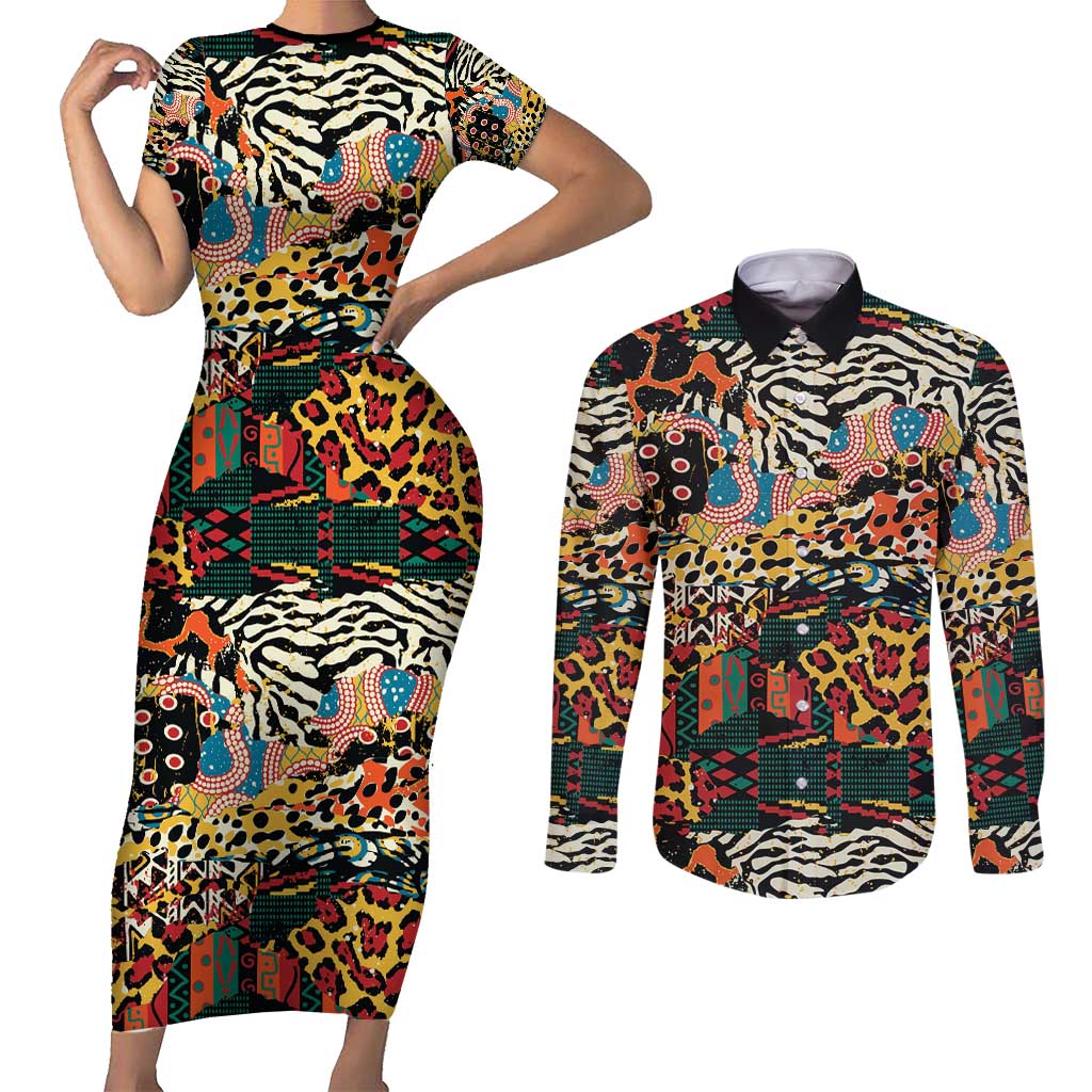 African Mixed Wild Animal Skins Couples Matching Short Sleeve Bodycon Dress and Long Sleeve Button Shirt LT9 - Wonder Print Shop